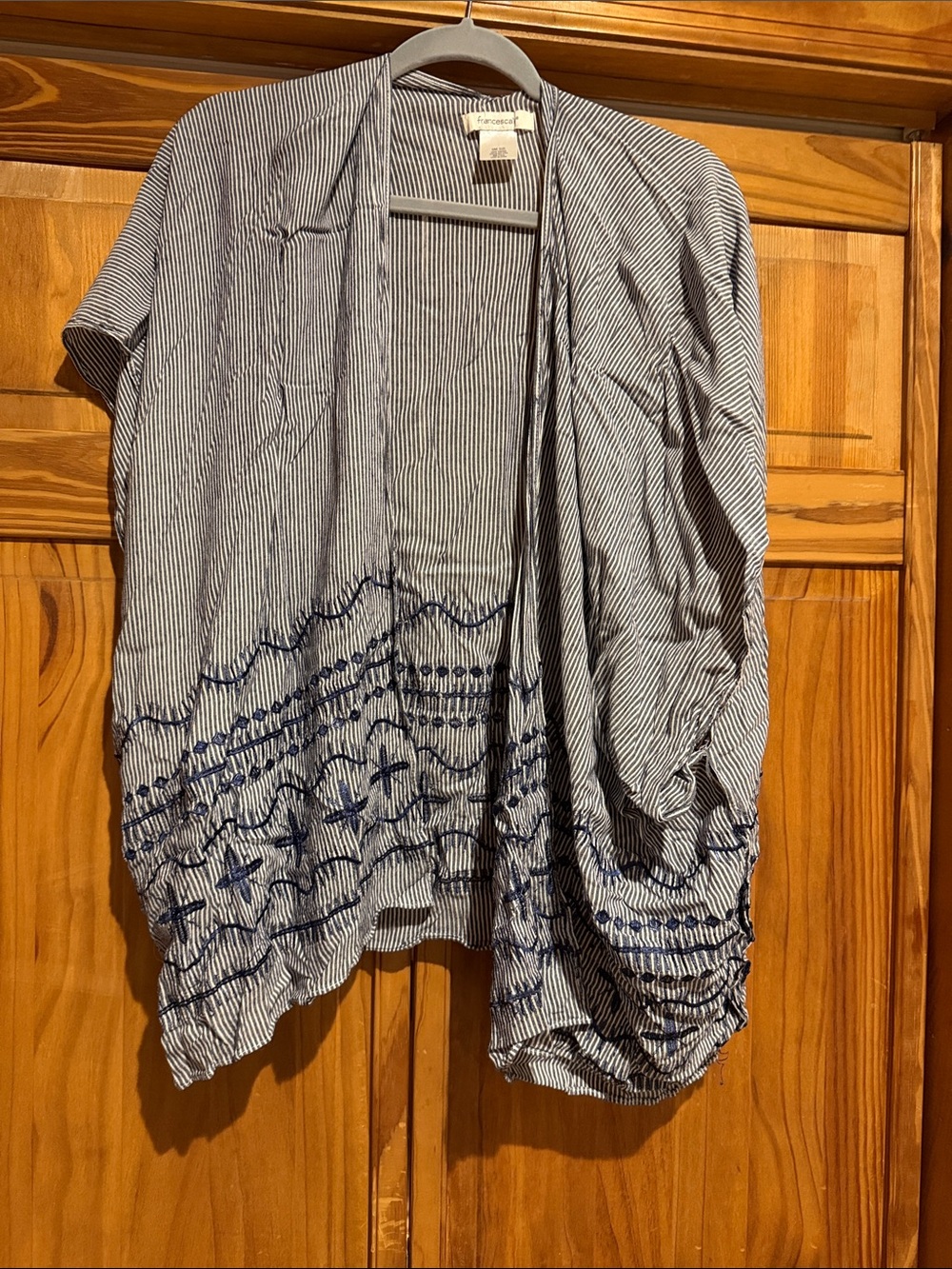 CHARLIE B Blue & White Pinstripe Open-Front Tunic with Navy Embroidery